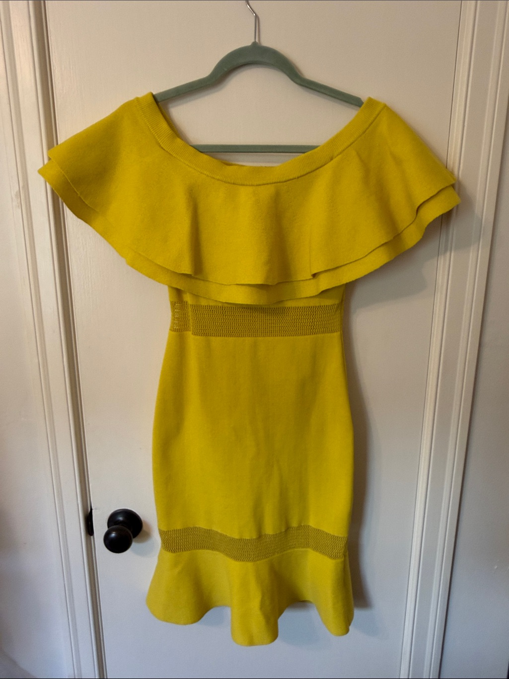 Endless Rose Small Canary Yellow Off The The Shoulder Ruffle Knit Dress